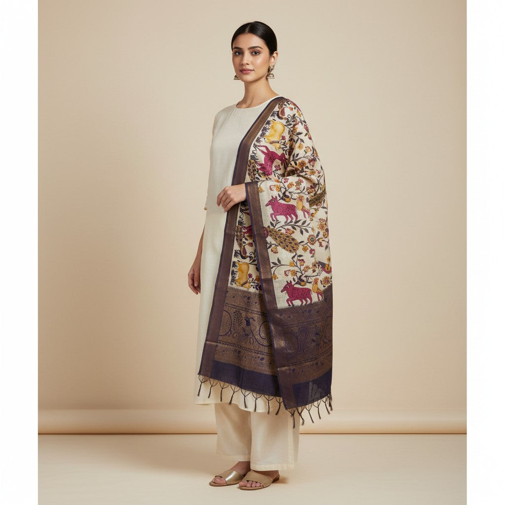 Kalamkari Nizam Bordar Dupatta Brown color