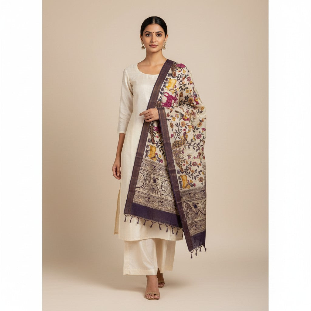 Kalamkari Nizam Bordar Dupatta Brown color