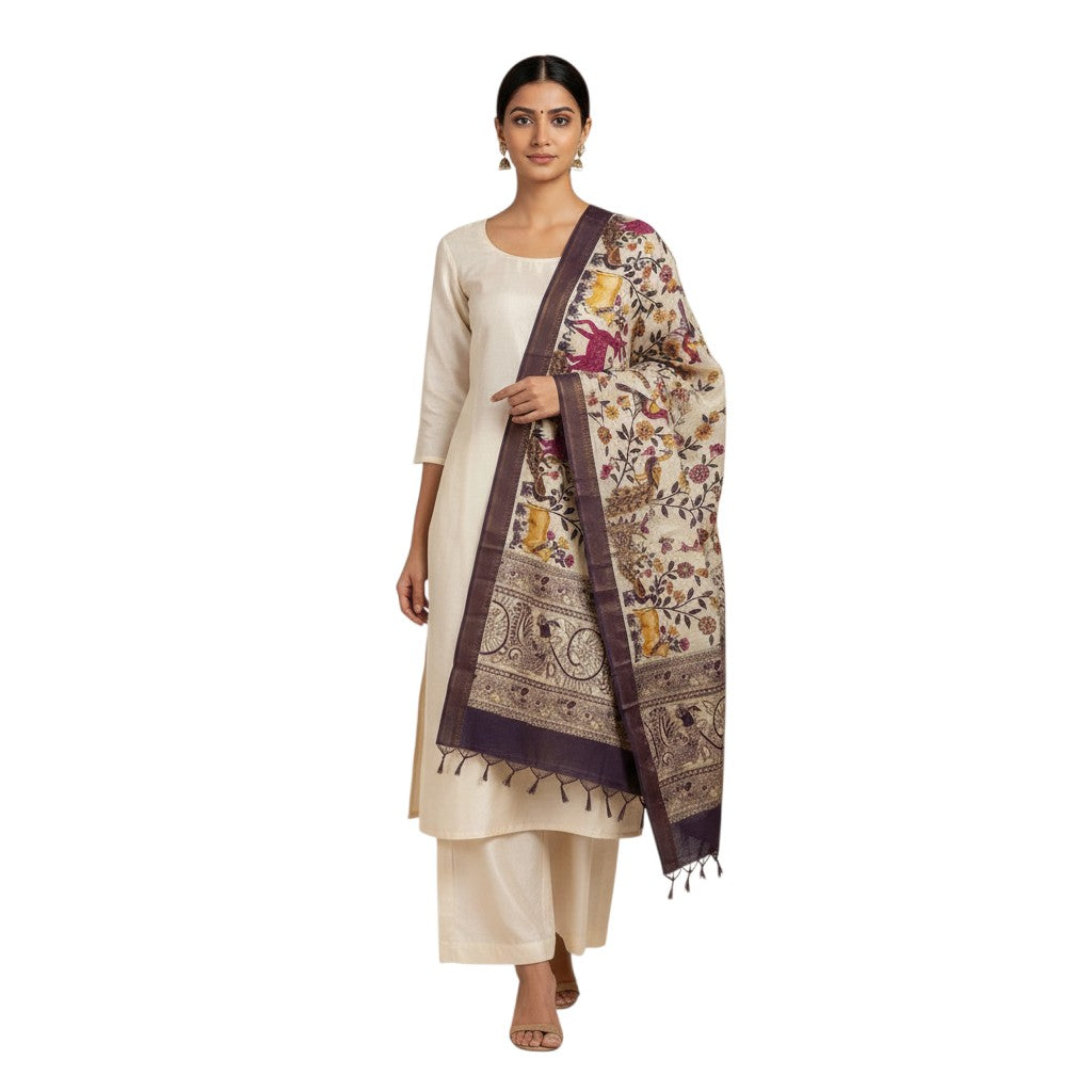 Kalamkari Nizam Bordar Dupatta Brown color
