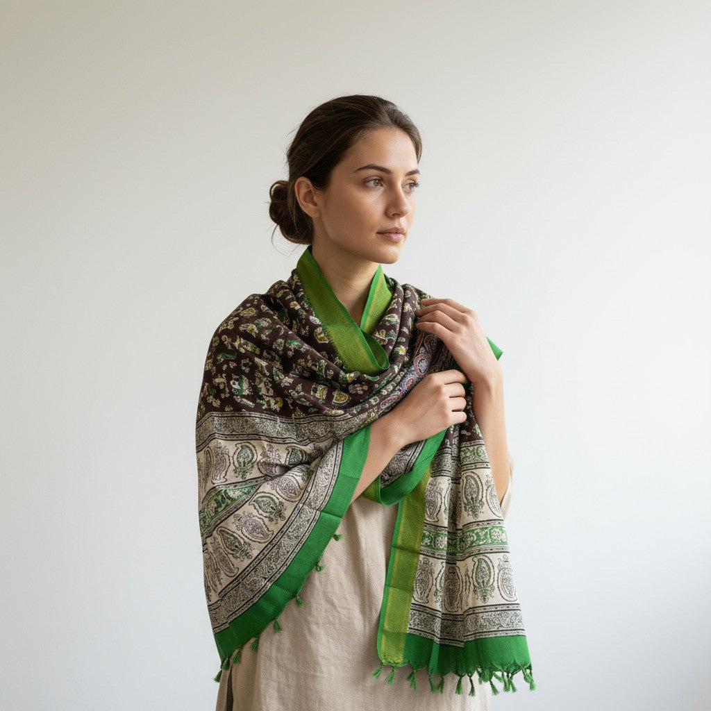 Kalamkari Nizam Bordar Dupatta Brown And Green color