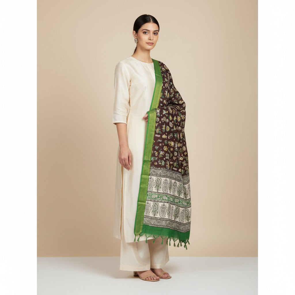 Kalamkari Nizam Bordar Dupatta Brown And Green color