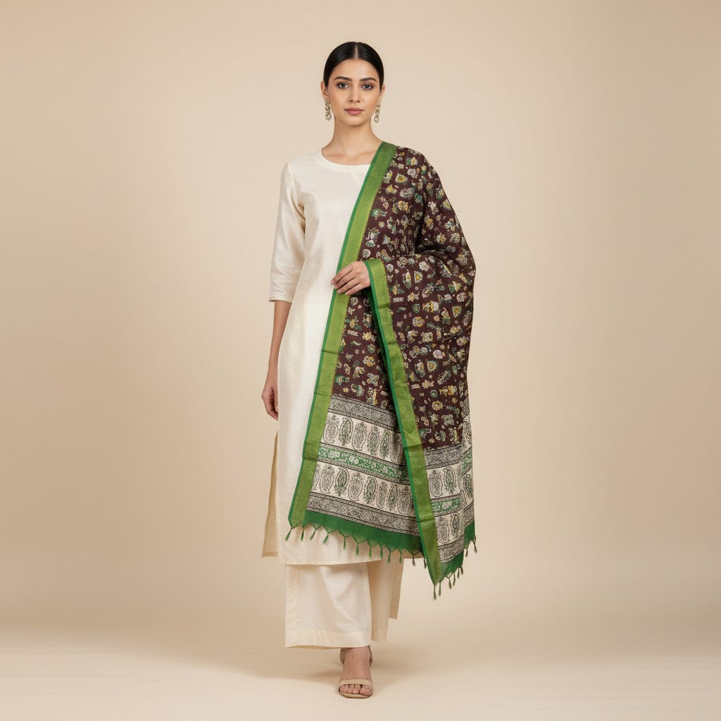 Kalamkari Nizam Bordar Dupatta Brown And Green color