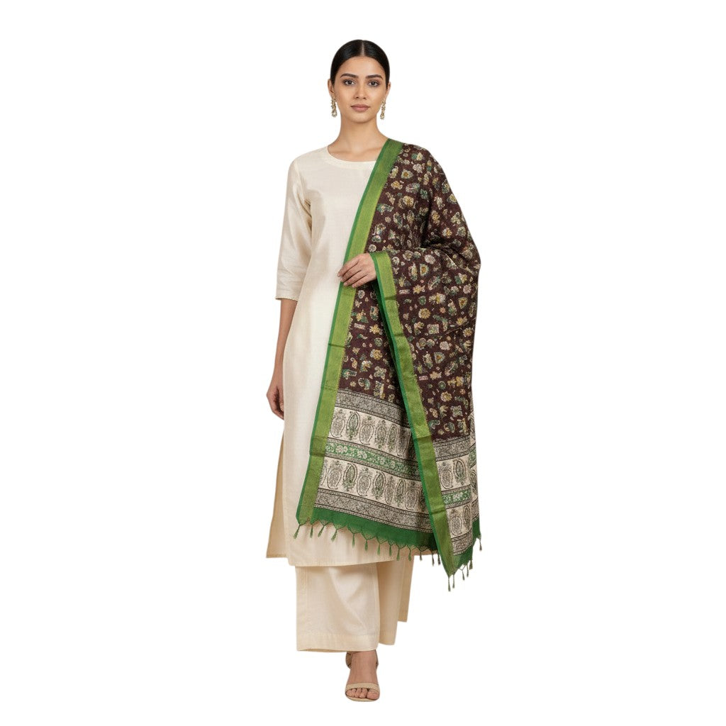 Kalamkari Nizam Bordar Dupatta Brown And Green color