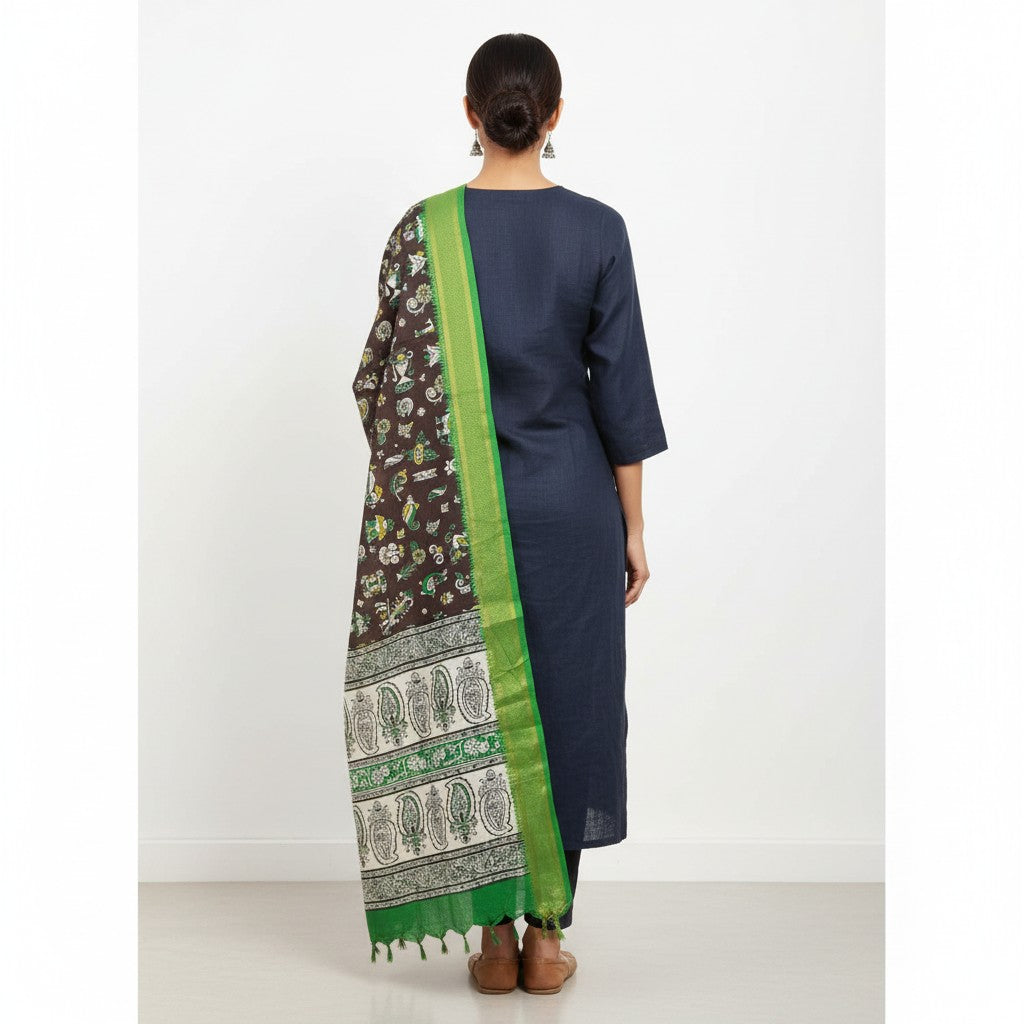 Kalamkari Nizam Bordar Dupatta Brown And Green color