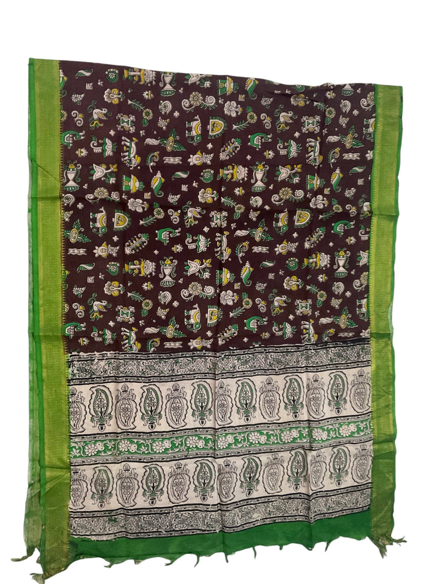 Kalamkari Nizam Bordar Dupatta Brown And Green color