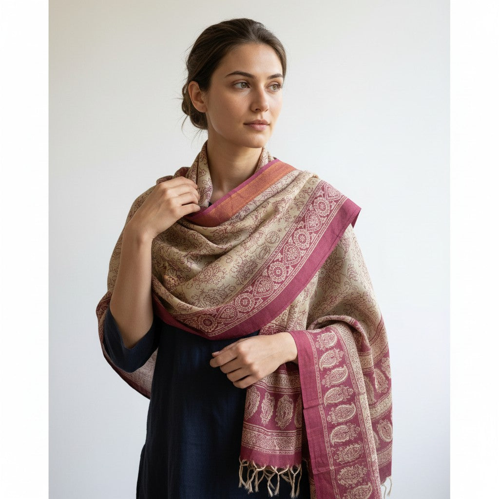Kalamkari Nizam Bordar Dupatta Beige And Red color