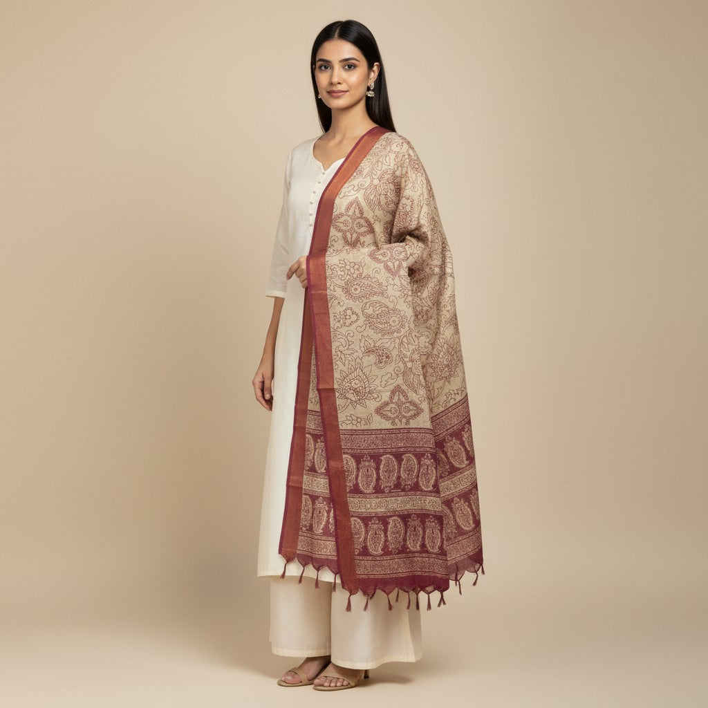 Kalamkari Nizam Bordar Dupatta Beige And Red color