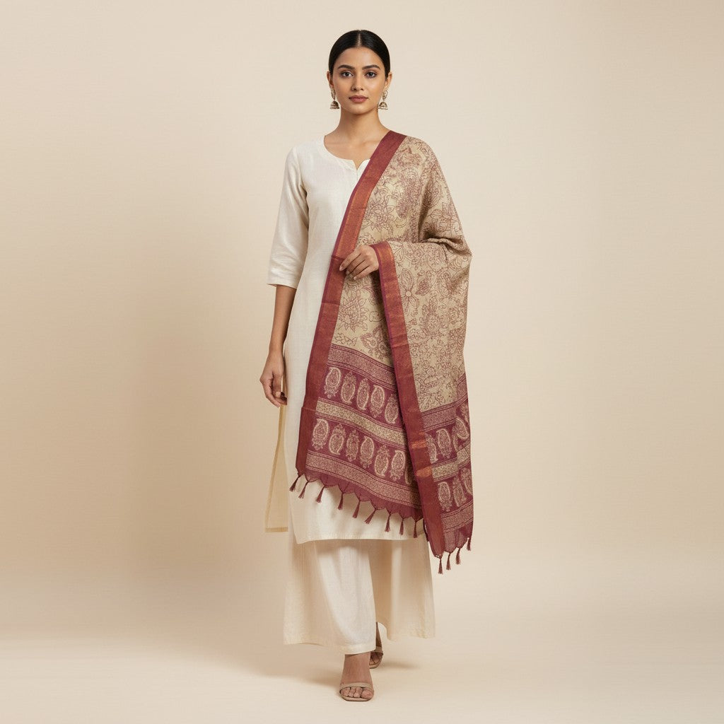 Kalamkari Nizam Bordar Dupatta Beige And Red color