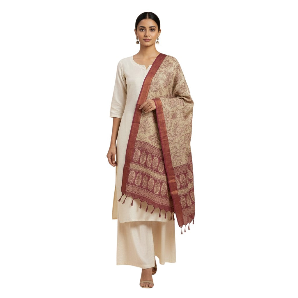 Kalamkari Nizam Bordar Dupatta Beige And Red color