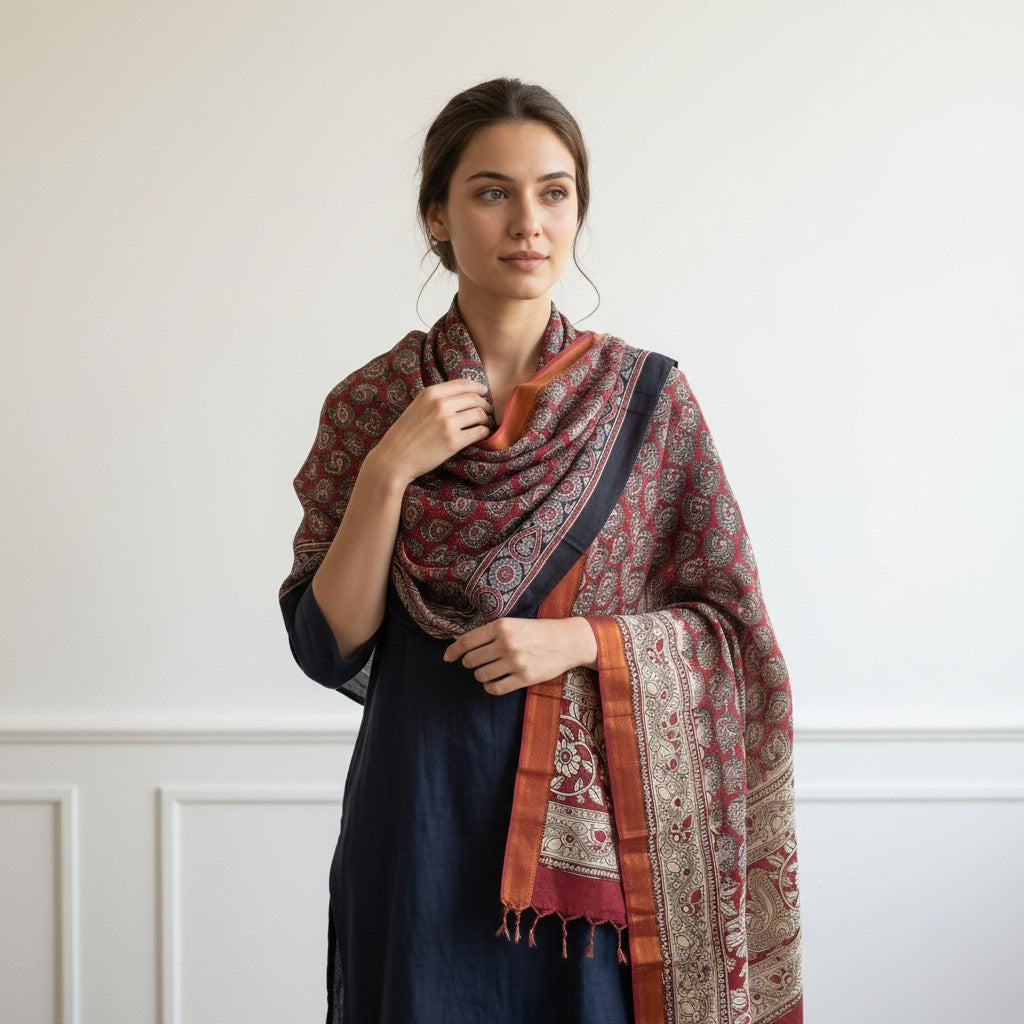 Kalamkari Nizam Bordar Dupatta Orange And Red color