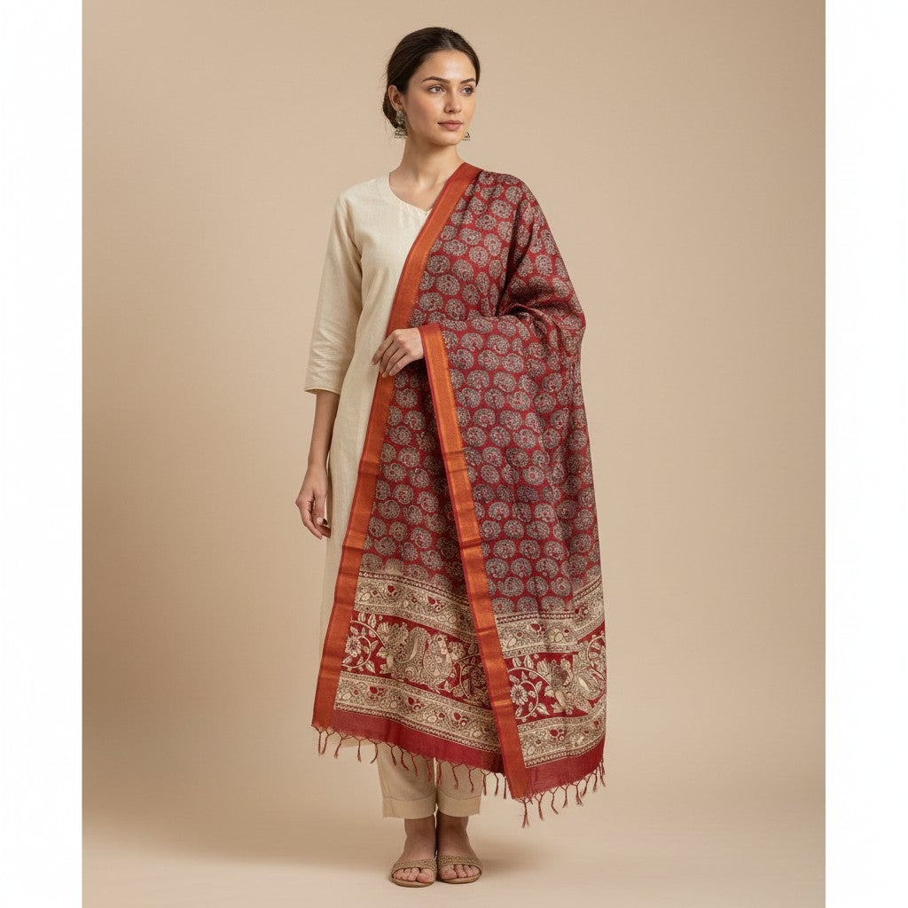 Kalamkari Nizam Bordar Dupatta Orange And Red color