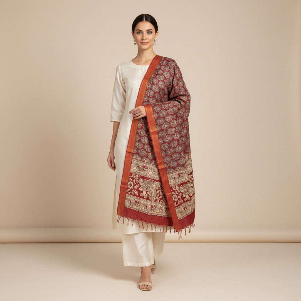 Kalamkari Nizam Bordar Dupatta Orange And Red color