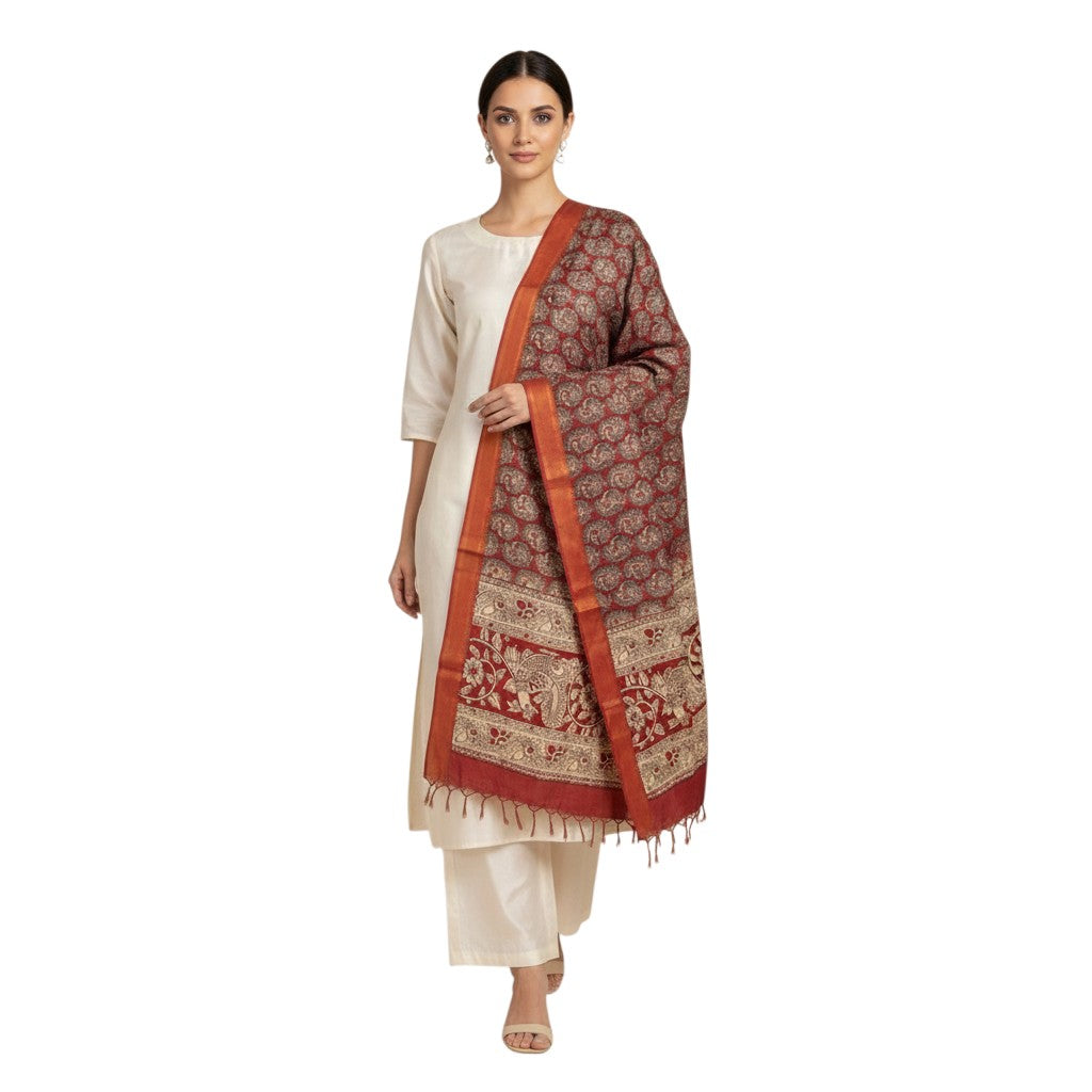 Kalamkari Nizam Bordar Dupatta Orange And Red color