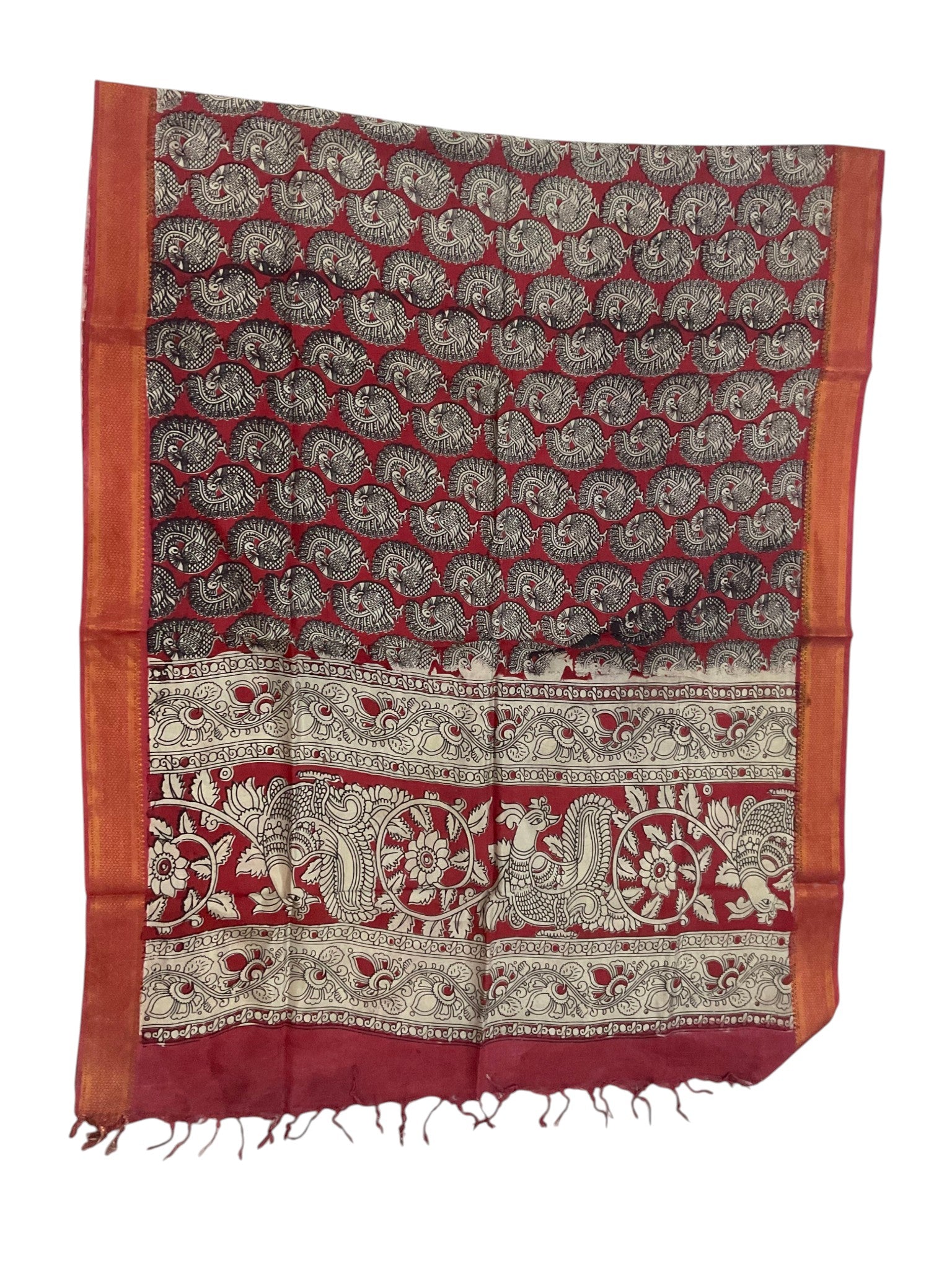 Kalamkari Nizam Bordar Dupatta Orange And Red color
