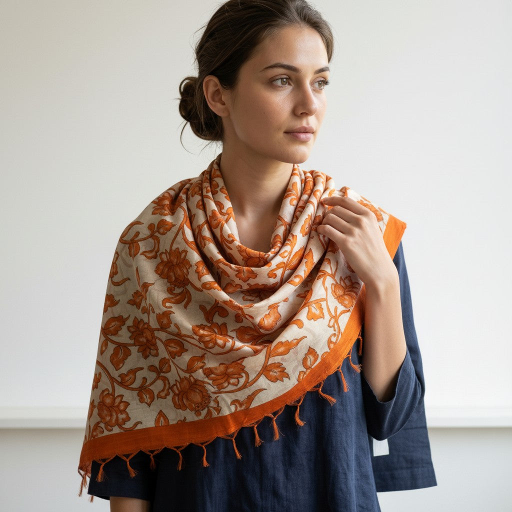 Kalamkari Nizam Bordar Dupatta Orange  color