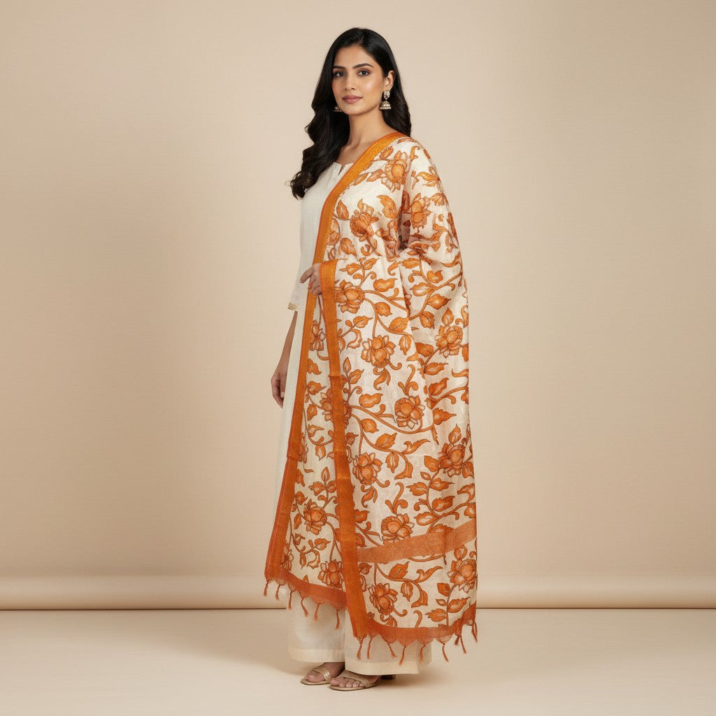 Kalamkari Nizam Bordar Dupatta Orange  color