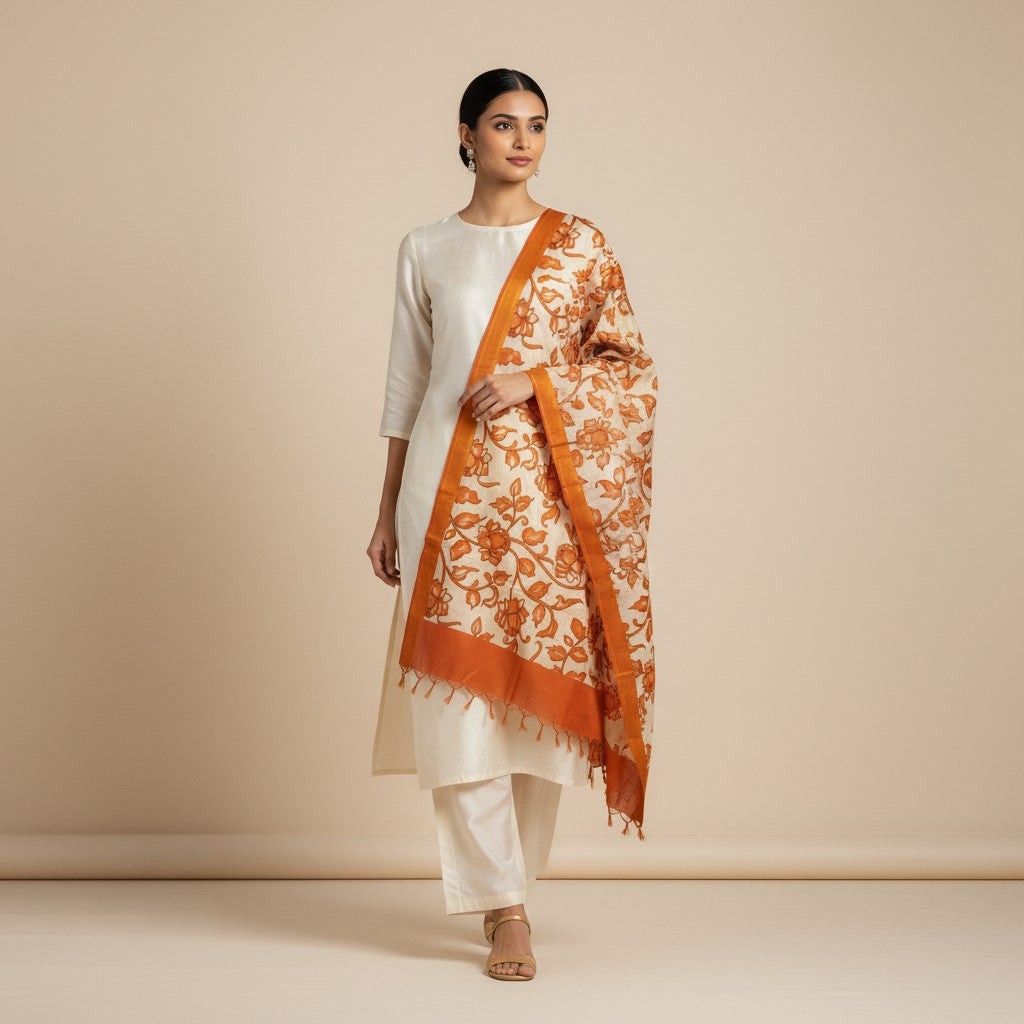 Kalamkari Nizam Bordar Dupatta Orange  color