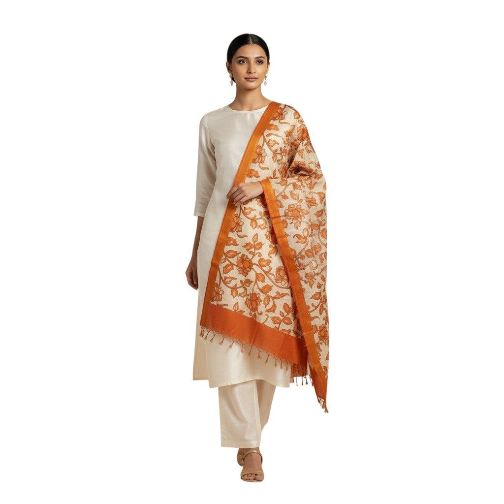 Kalamkari Nizam Bordar Dupatta Orange  color