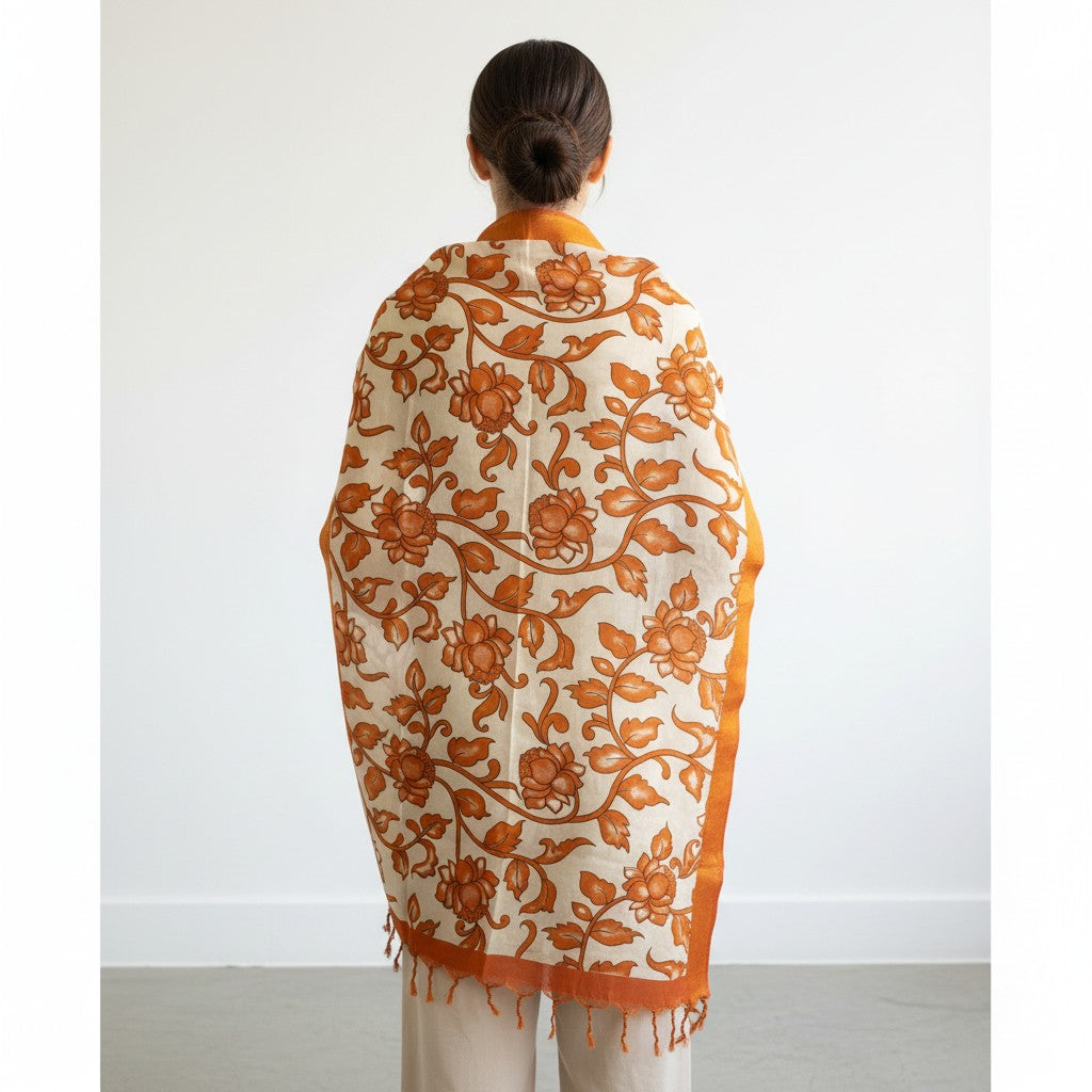 Kalamkari Nizam Bordar Dupatta Orange  color