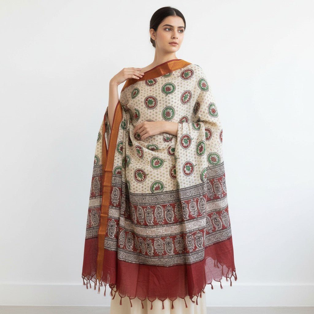 Kalamkari Nizam Bordar Dupatta Off White And Red Color