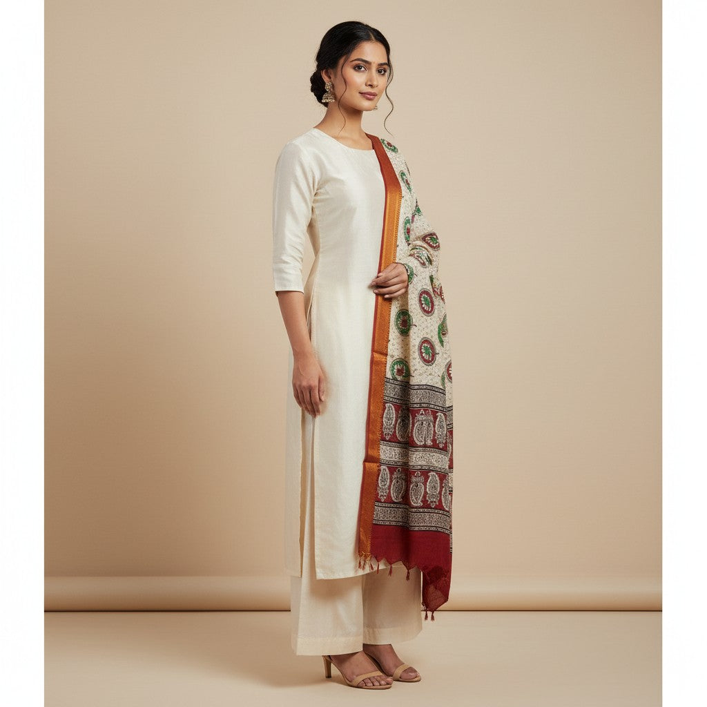 Kalamkari Nizam Bordar Dupatta Off White And Red Color