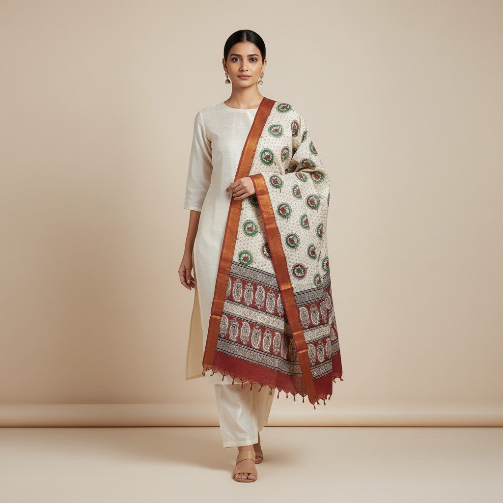 Kalamkari Nizam Bordar Dupatta Off White And Red Color