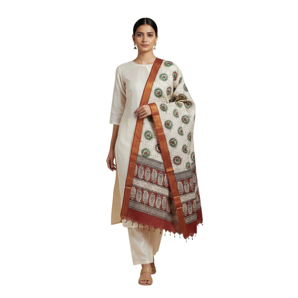 Kalamkari Nizam Bordar Dupatta Off White And Red Color