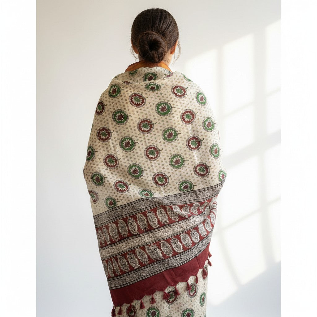 Kalamkari Nizam Bordar Dupatta Off White And Red Color