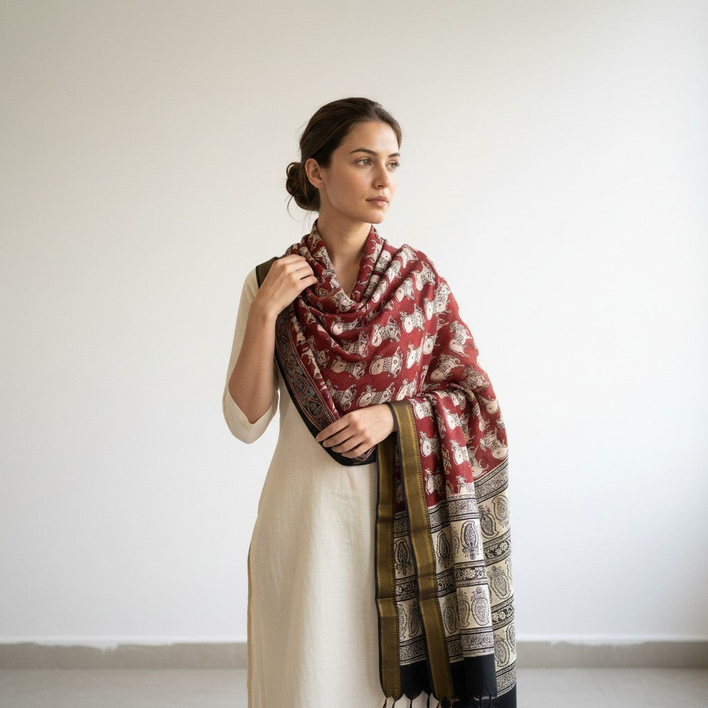 Kalamkari Nizam Bordar Dupatta Off Red And Beige Color