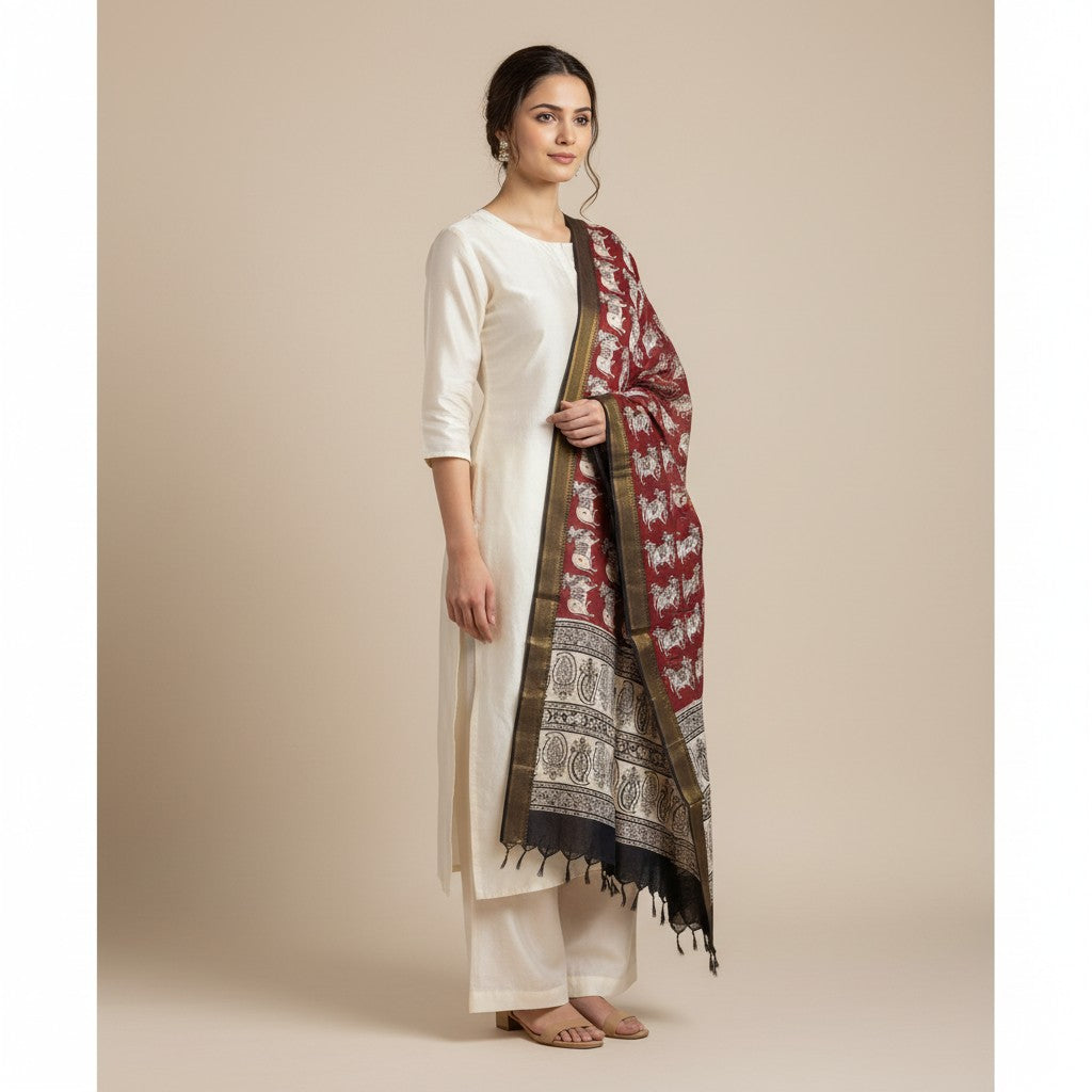 Kalamkari Nizam Bordar Dupatta Off Red And Beige Color