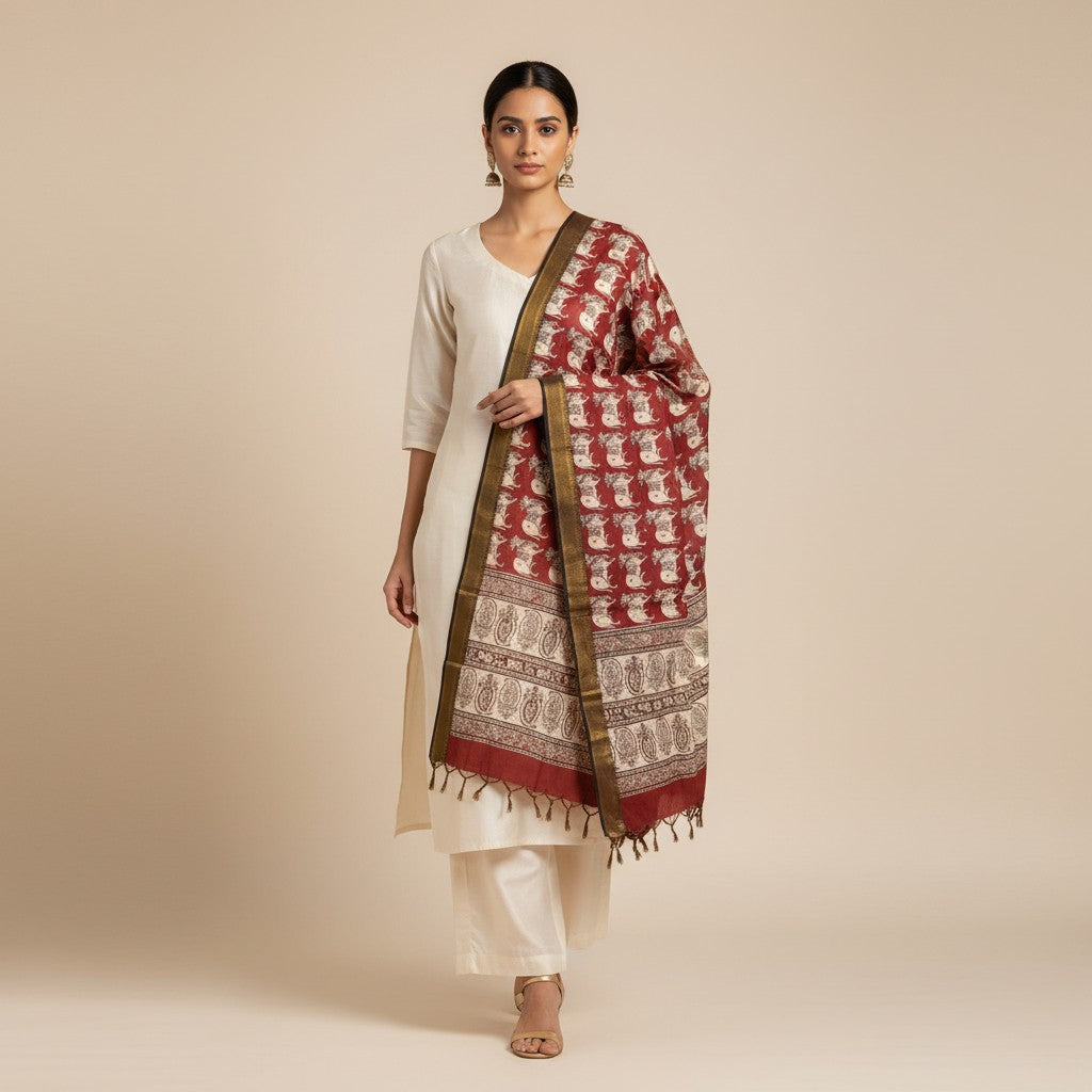 Kalamkari Nizam Bordar Dupatta Off Red And Beige Color