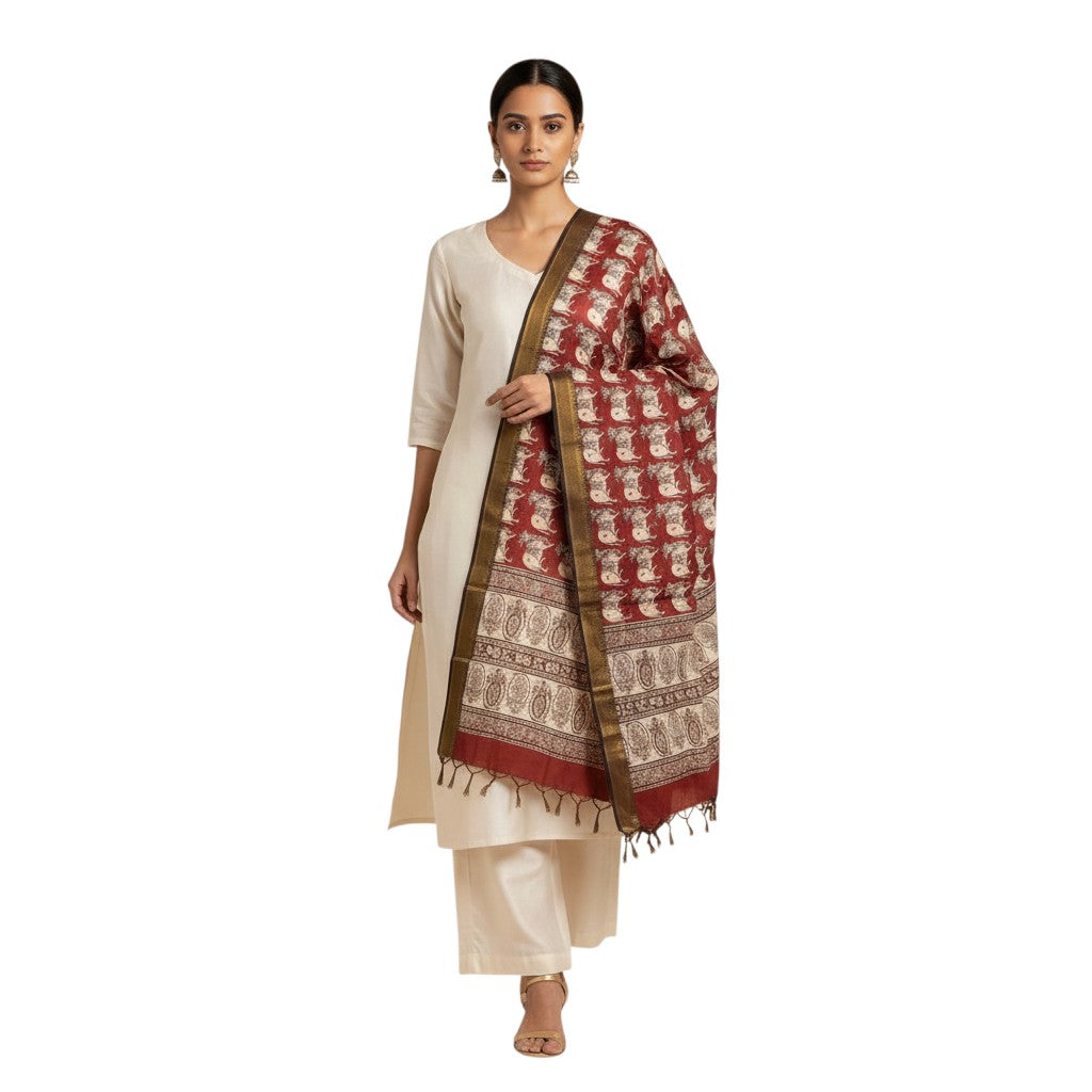 Kalamkari Nizam Bordar Dupatta Off Red And Beige Color