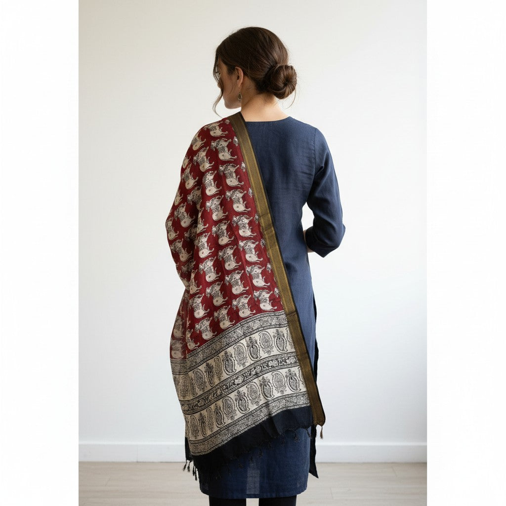 Kalamkari Nizam Bordar Dupatta Off Red And Beige Color