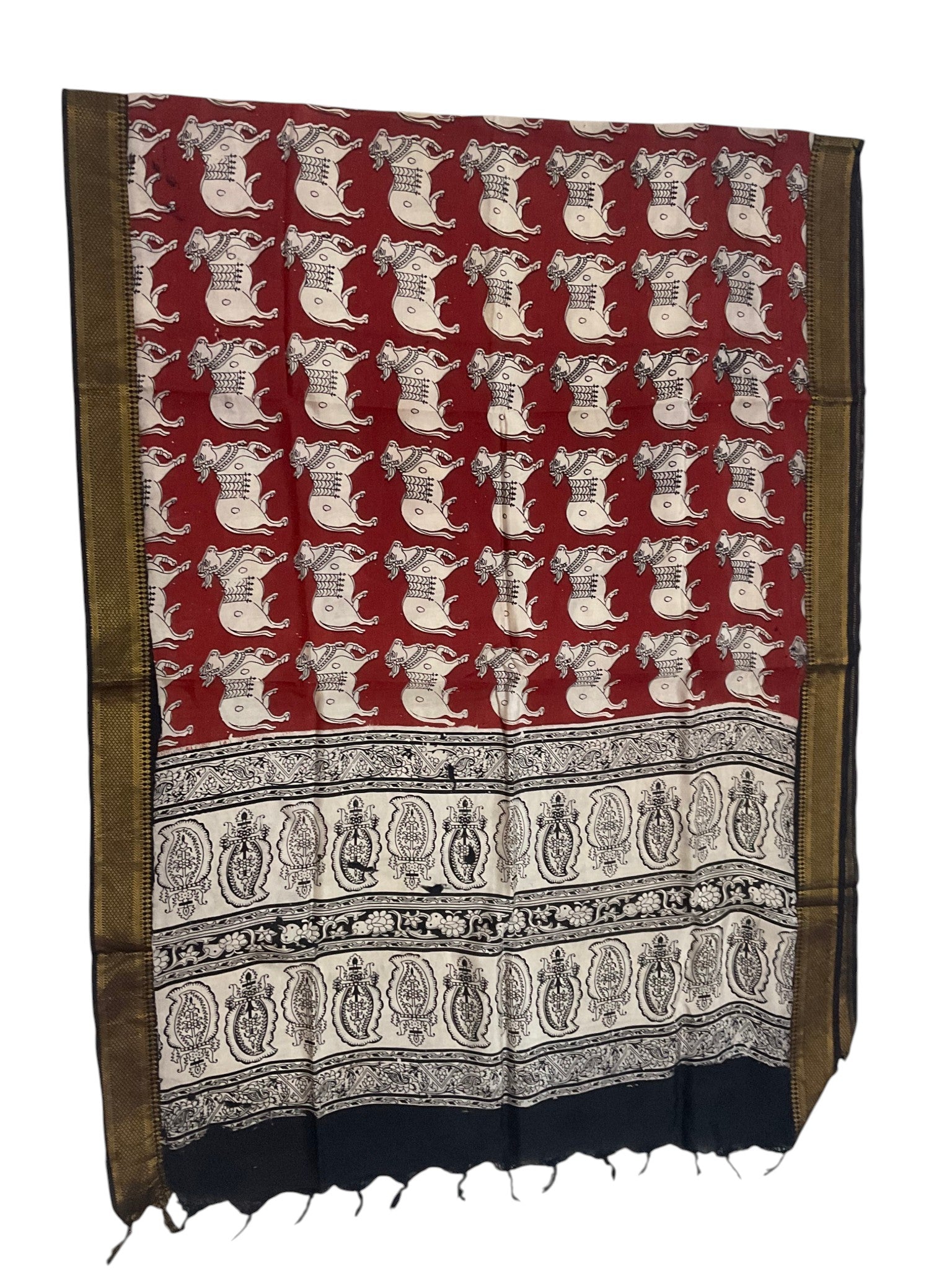 Kalamkari Nizam Bordar Dupatta Off Red And Beige Color