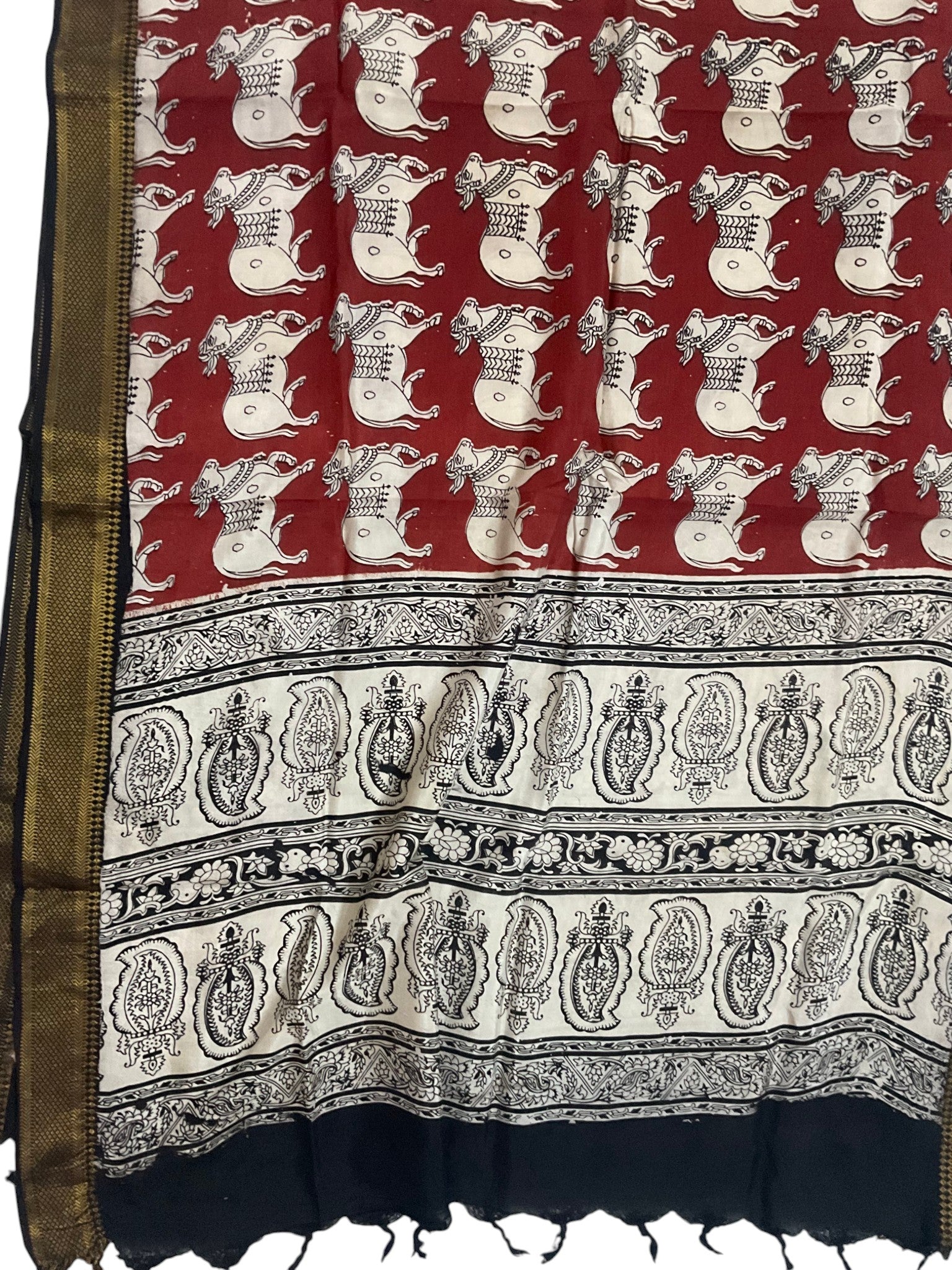 Kalamkari Nizam Bordar Dupatta Off Red And Beige Color